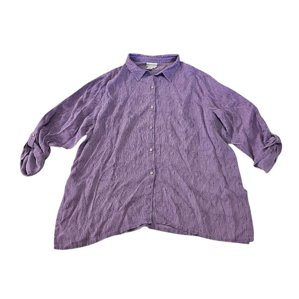 Coldwater Creek Purple Textured Button Front Blouse Women 3X Roll Tab Sleeve